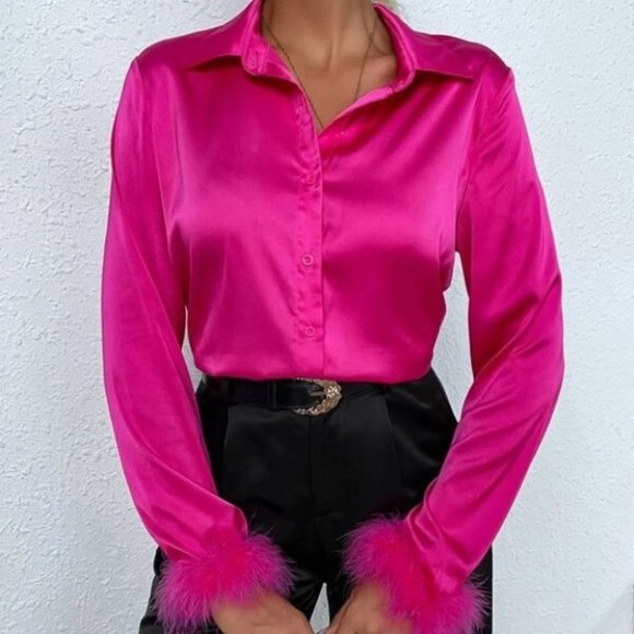 Feather Fuzzy Cuffed Button Down Satin Blouse Top pink - Picture 3 of 6